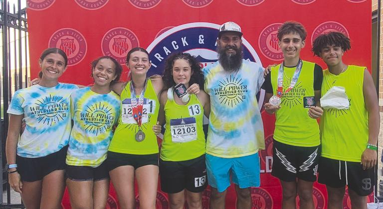 From left, Leilana Decker, Kyla Perez, Cailyn Matchuk, Angelisse Medina Perez, Alyus Decker and Kalel Perez competed and brought home a number of medals from the AAU Track and Field Junior Olympics in Humble, Texas. (Photo/Will Power Athletics)