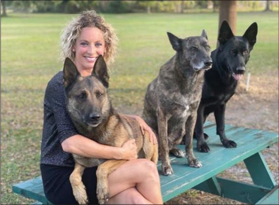 Kay Schreiner, who started Paws Against Domestic Violence, sits with her dogs, from left, Marsoc, Malek and Kimber.