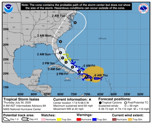 Current path of Tropical Storm Isaias.