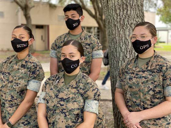 Members of the Gateway High School Marine Corps Junior Reserve Officers Training Corps pose for a picture after learning the unit was selected as one of the top schools in the country earning the distinction of Naval Honor School Sept. 11. From left are Cadet Sergeant Major Liannette Ortiz-Curet, Cadet Captain Paola Esposito, Cadet Captain Michael Philip and Cadet First Lieutenant Yarianna Ortiz-Irizarry).