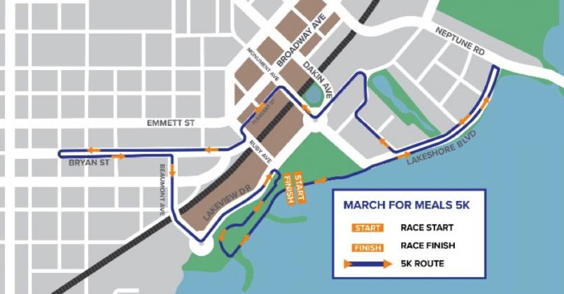 Map of road closures for Mark for Meals 5K.