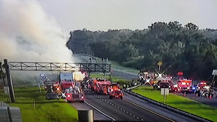 Smoke still billows from a semi-truck fire on Florida's Turnpike at about 7:40 a.m. Monday morning.