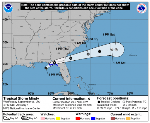 Projected path of Tropical Storm Mindy through the Florida Panhandle and into the western Atlantic. GRAPHIC/NHC