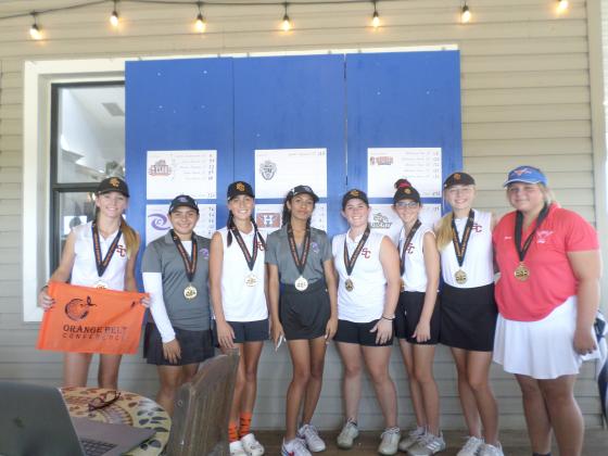 The All-OBC girls golf team, from left: Morgan Beaulieu (St. Cloud), Adrianna Leon (Celebration) , Jenna Barnett (SC) , Natalie Quinones (C), Tess Shieve (SC), Nadia Burda (SC), Cayden Challacombe (SC), Jennifer Pigeon (Harmony). PHOTO/J. DANIEL PEARSON