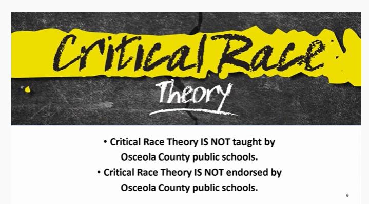 School Board Attorney Frank Kruppenbacher shared his research on Critical Race Theory at the last Board meeting — and it wasn't complimentary. This was one of the slides from his presentation.