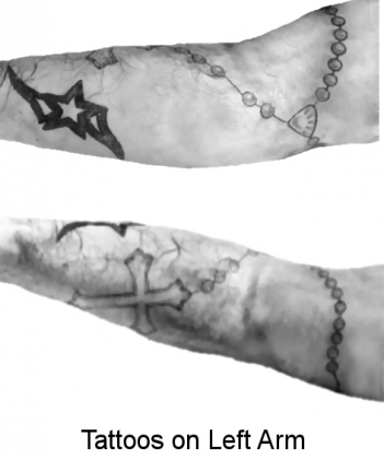 The left-arm tattoos of the victim of a KPD death investigation