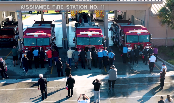 Kissimmee Fire and City officials "Push Back" Tower 11 and Engines 13 and 14 into place Tuesday. PHOTO/CITY OF KISSIMMEE