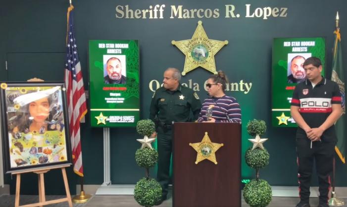 Michelle Hernandez, with Sheriff Marcos Lopez, talk about her daughter Danilee, a fatal shooting victim, at a Friday press conference. PHOTO/OSCEOLA COUNTY SHERIFF'S OFFICE