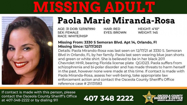 The search continues for Paola Miranda-Rosa, an Osceola County woman missing since Friday, where she was last seen in Orlando. GRAPHIC/OSCEOLA SHERIFF