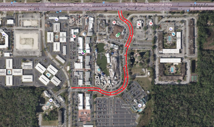 Florida Plaza Boulevard, the road that runs to the east of Old Town and Fun Spot west of Kissimmee, is tentatively scheduled for resurfacing next week. PHOTO/OSCEOLA COUNTY