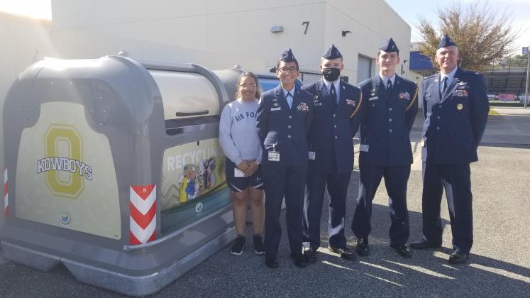 Members of the Osceola Air Force Junior ROTC program with the school’s new receptacles: Cadet 1st Lt. Jamie Suarez, Cadet Col. Giselle Rivera, Cadet Lt. Col. Donoan Bohanan, Cadet Maj. Jacob Carter and Lt. Col. (Ret) David LaTour. PHOTO/KEN JACKSON