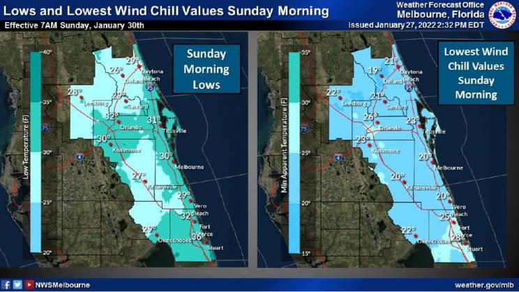 Sunday morning lows will be near 30 with wind chills near 20. PHOTO/OSCEOLA EMERGENCY MANAGEMENT