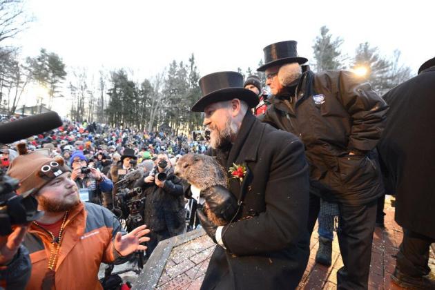 Handler AJ Dereume ferries Phil to meetings with his faithful after issuing his prognostication of six more weeks of winter Wednesday morning. PHOTO/ALAN FREED, PUNXSUTAWNEY SPIRIT