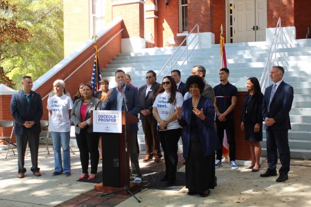 Leaders from Osceola County, its School District and Valencia College gathered Monday to announce Osceola Prosper, a way to make a Valencia or O-Tech education tuition free for 2022 graduates. PHOTO/KEN JACKSON