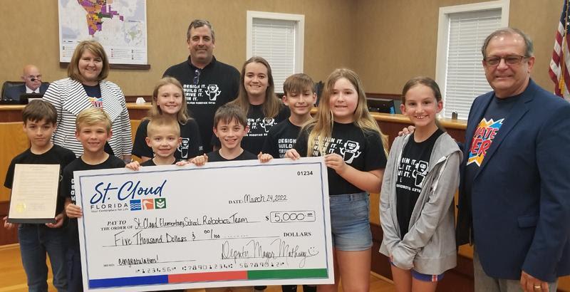 The city issued a proclamation honoring the St. Cloud Elementary Robotics team for qualifying to compete in the Vex Robotics World Competition in Dallas this May. The city also gave the team $5,000 to help cover their expenses. PHOTO/CITY OF ST. CLOUD