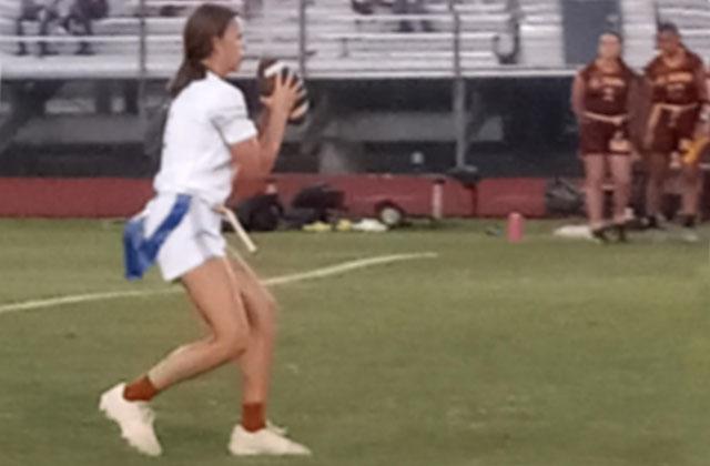 Harmony quarterback Martha Edwards completed 21 of 27 pass for 204 yards and four touchdowns in the Longhorns' 26-0 win over St. Cloud Tuesday. PHOTO/DAN PEARSON