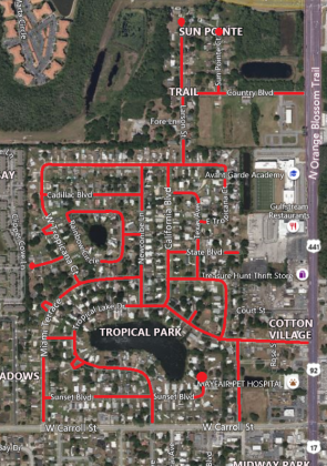A network of streets in the Tropical Park, Cotton Village and Sun Pointe areas north of Kissimmee, north of Carroll Street and west of Orange Blossom Trail, are tentatively scheduled for resurfacing beginning Tuesday. GRAPHIC/OSCEOLA COUNTY