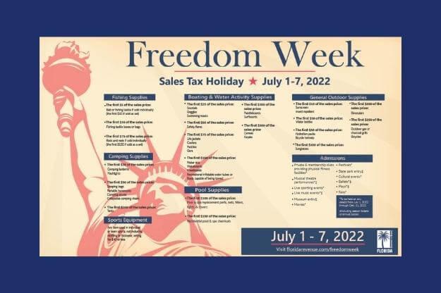 Florida Legislature passed the "Freedom Week" sales tax holiday on most items used for outdoor sports, and event tickets, bought this upcoming week.