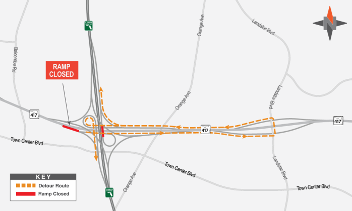 The closures and detour routes for early Wednesday morning's road work at 417 and Florida's Turnpike. GRAPHIC/CFOA