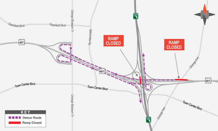 The closures and detour routes for early Wednesday morning's road work at 417 and Florida's Turnpike. GRAPHIC/CFOA