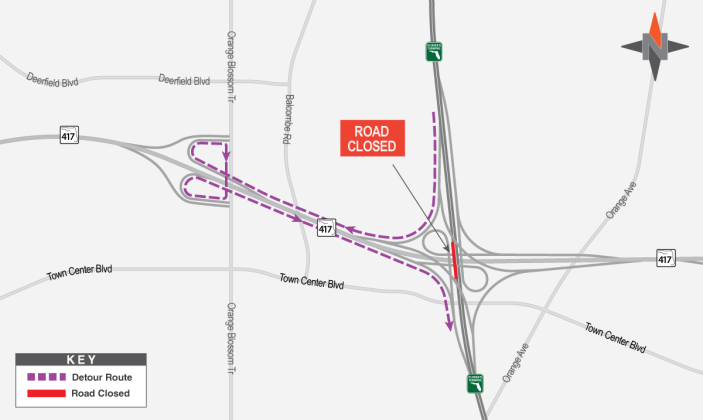 The closures and detour routes for early Wednesday morning's road work at 417 and Florida's Turnpike. GRAPHIC/CFOA