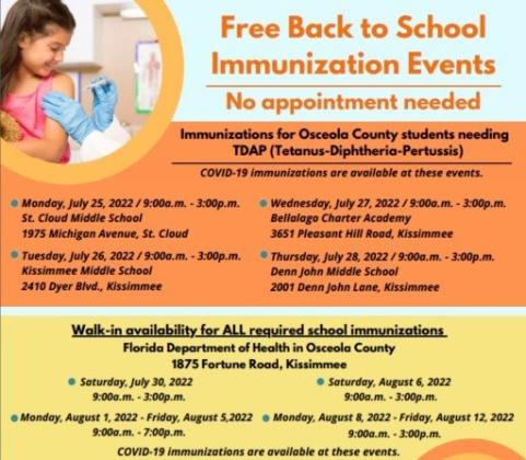 The Florida Department of Health — Osceola County will hold FREE immunization events next week to catch up students on their required shots.