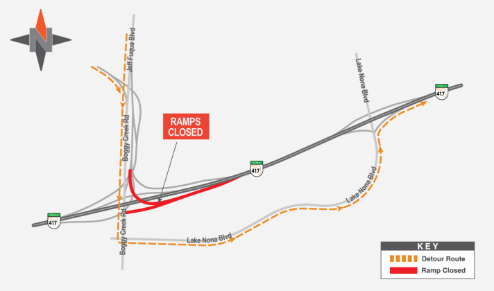 Road and bridge work on State Road 417 will require closure of some Osceola-to-Orange County arterial roads this week. GRAPHIC/CFX