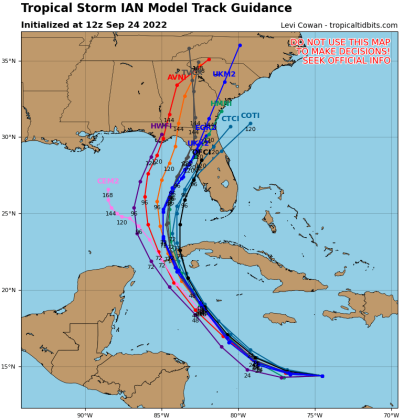 Tropical Storm Ian model runs have moved slightly west this morning.
