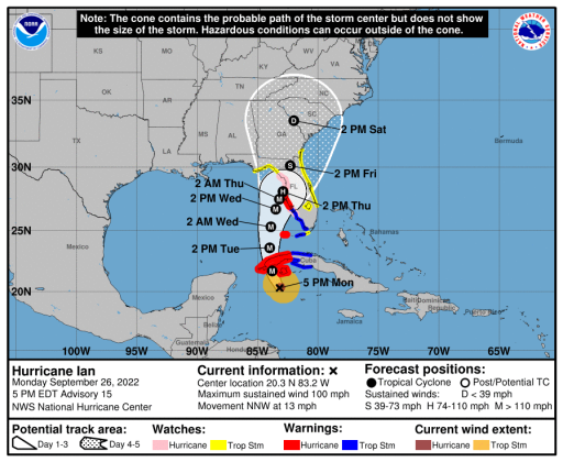 The 5 p.m. cone of projected movement for Hurricane Ian, now a Category 2 storm with 100 mph top winds. GRAPHIC/NHC