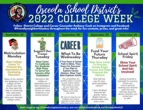 The College Week celebration will highlight “the four E’s” — Enrollment, Enlistment, Employment and Exploration. GRAPHIC/SDOC
