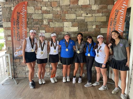 The All-OBC girls golf team: 2022 Champion Karolyna Adams (SC), Cayden Challacombe (SC), Jenna Barnett (SC), Jordan Pidgeon (H), Natalie Quiones (CEL), Arayana Pursaud (HAR), Tess Shieve (SC) and Adriana Leon (CEL). PHOTO/DAN PEARSON
