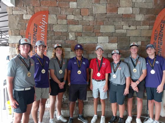 The All-OBC boys golf team: Champion Gunnar Green (SC), George Aguilera (CEL), Alexander Owen (SC), Jeremiah Bianchi (CEL), Will Giger (GAT), Espn Pool (SC), Ethan Parrish (SC) and Ethan Bordillo (CEL). PHOTO/DAN PEARSON