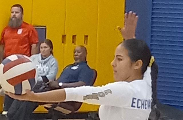 Isa Echevarria held service for seven straight points as Osceola overcame a 12-6 deficit in game three and cruise to a three-game sweep of Wellington in a regional quarterfinal game on Wednesday night.  Osceola (24-4) next faces Jupiter (19-5) at home on Saturday in an FHSAA Region 2 semifinal.  PHOTO/DAN PEARSON