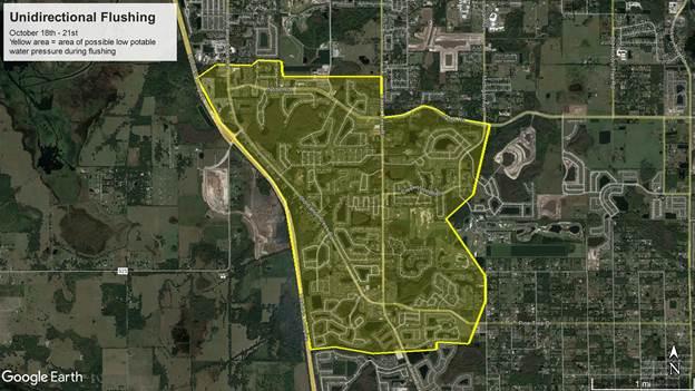 The boundaries of where Toho Water Authority will be flushing lines is marked in yellow. GRAPHIC/TOHO WATER AUTHORITY