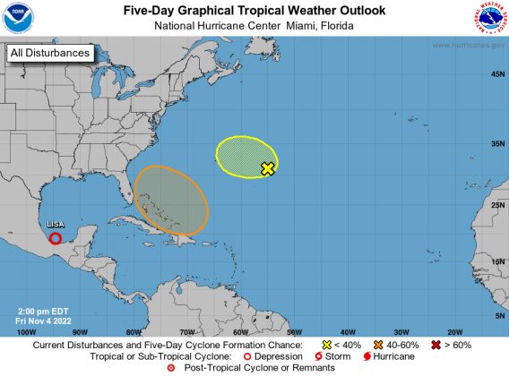 The National Hurricane Center is highlighting an area of disturbed weather east of Florida that could develop into a tropical system in the next five days. GRAPHIC/NHC