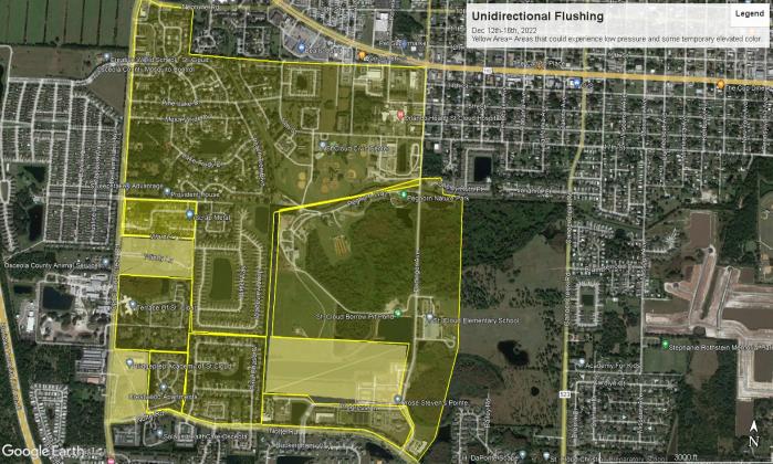 Toho Water crews will be flushing lines in the area shaded by yellow next week. GRAPHIC/TOHO WATER