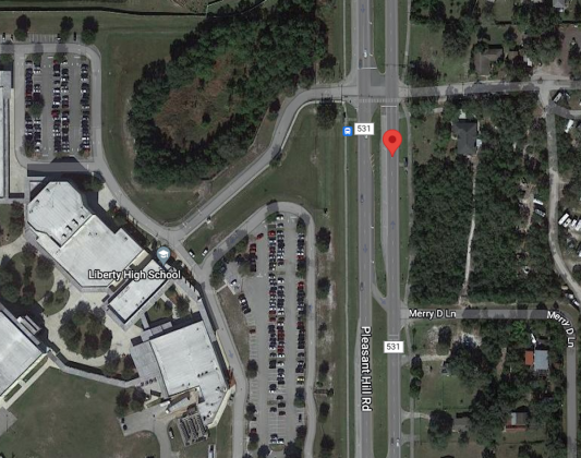 The red icon shows the bus stop where the person who discovered the remains was waiting; they were found in the woods to the right of the stop, sidewalk and Pleasant Hill Road. GOOGLE MAPS