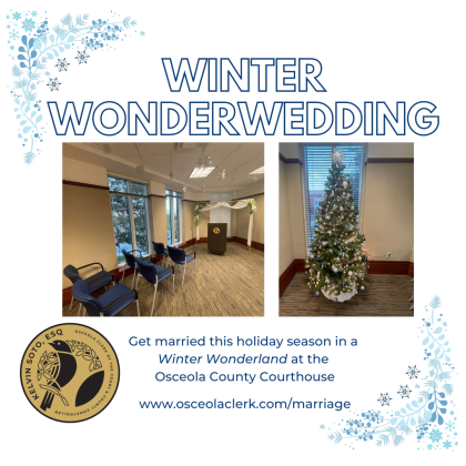 Fresh off the success of its Halloween wedding ceremonies, Osceola Count Clerk &amp; Comptroller Kelvin Soto’s office team has transformed the Judge Jon B. Morgan Osceola County Courthouse into a “Winter Wonderland”. GRAPHIC/CLERK'S OFFICE