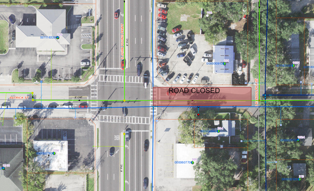 Patrick Street a block east of John Young Parkway (in red) is closed due to a water main repair. PHOTO/TOHO WATER AUTHORITY