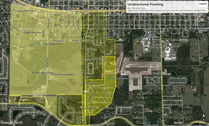 Areas that Toho Water Authority will be flushing water lines next week are generally between U.S. Highway 192 and Nolte Road, north and west of Steven's Plantation. GRAPHIC/TOHO WATER