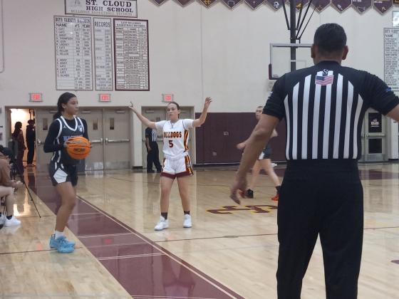 Madison Vazquez (5) guards an inbounds pass against Hagerty’s Alexis Botelho. PHOTO/J. DANIEL PEARSON