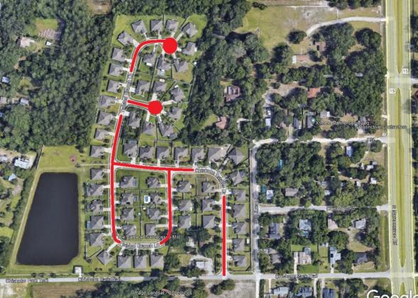 Three streets off Chisholm Park Trail west of Narcooossee Road are scheduled for Thursday-Friday (Jan. 12-13) GRAPHIC/OSCEOLA COUNTY