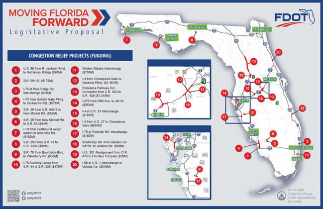 The FDOT graphic shows the 20 statewide road projects expedited by "Moving Forward Florida".