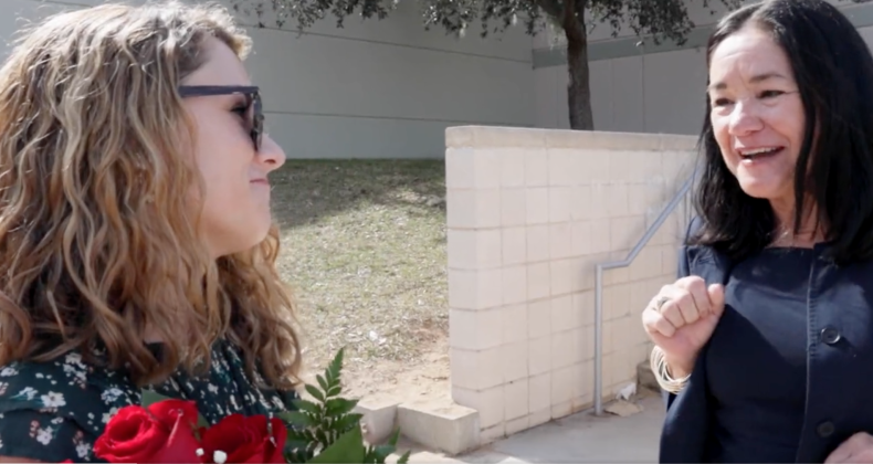 PHOTO/OSCEOLA SCHOOL DISTRICT TWITTER Osceola County School District Superintendent Dr. Debra Pace presented Westside K-8 4th Grade Teacher Elizabeth Weretka flowers when she surprised her at school to announce Weretka’s spot as a Teacher of the Year Finalist.