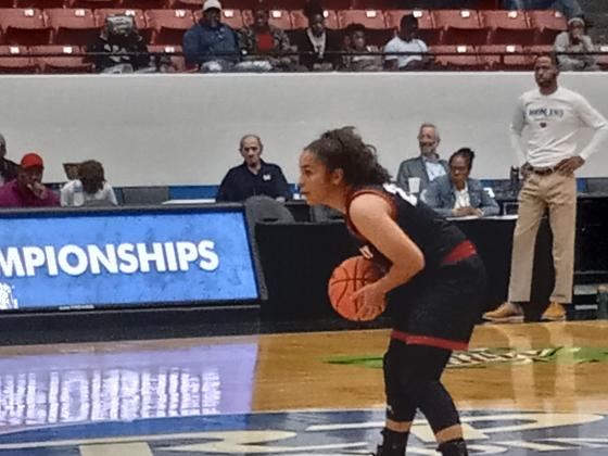 Gateway's Vanessa Diaz looks to pass in Thursday's state semifinal game against Mainland.  The Panthers lost the game 56-23 to finish their season with a 24-7 record. PHOTO/J. DANIEL PEARSON