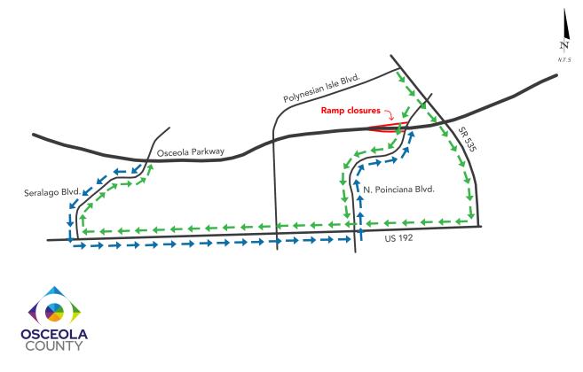 Poinciana Boulevard on and offramps to Osceola Parkway will closing the weekend of March 17-20 for conversion to  All Electronic Tolling (AET).