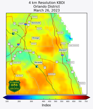 94% of Osceola County is between 400-600 on the Keetch-Byram Drought Index due to abnormally dry conditions. As result, Osceola County has enacted a burn ban. GRAPHIC/FLORIDA FOREST SERVICE