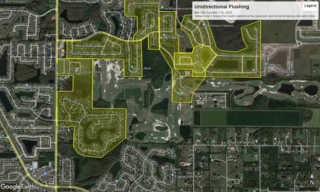 This week's line flushing-affected areas will be east of Canoe Creek Road, along Creek Woods Boulevard, and the south end of Michigan Avenue. GRAPHIC/TOHO WATER AUTHORITY