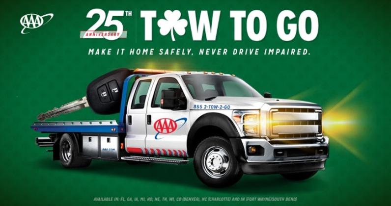 AAA's Tow To Go program celebrates its 25th anniversary in 2023, and will be in effect this weekend for the St. Patrick's Day holiday period. GRAPHIC/AAA THE AUTO CLUB