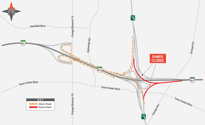., Florida's Turnpike northbound and southbound ramps to 417 North will be closed for bridge work nightly through Thursday. GRAPHIC/CFX